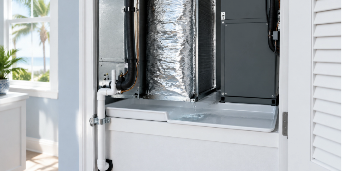 An HVAC air handler unit inside a closet with water dripping from the unit into a white overflow drain pan. An HVAC air handler unit inside a closet with water dripping from the unit into a white overflow drain pan. How to clean AC drain lines and inspect an air handler drain pan in a Southwest Florida home
